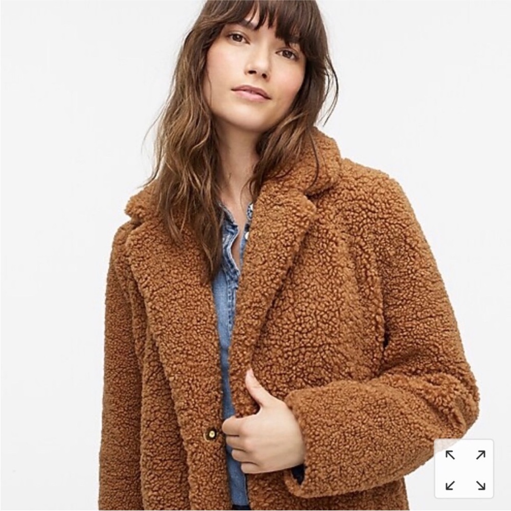 J. Crew NWOT Tan Brown Large Teddy Long Jacket Comfy Cute Chic Business Casual